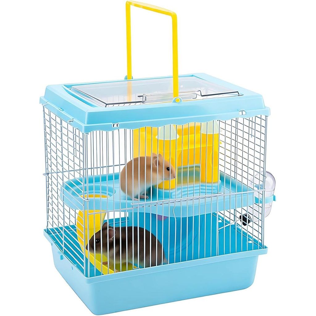 Hamsterkäfig, tragbarer Zwerghamster-Reisekäfig mit Trinkflasche, Outdoor-Transportbox für kleine Hamster, Blau, 27×20,5×29 cm
