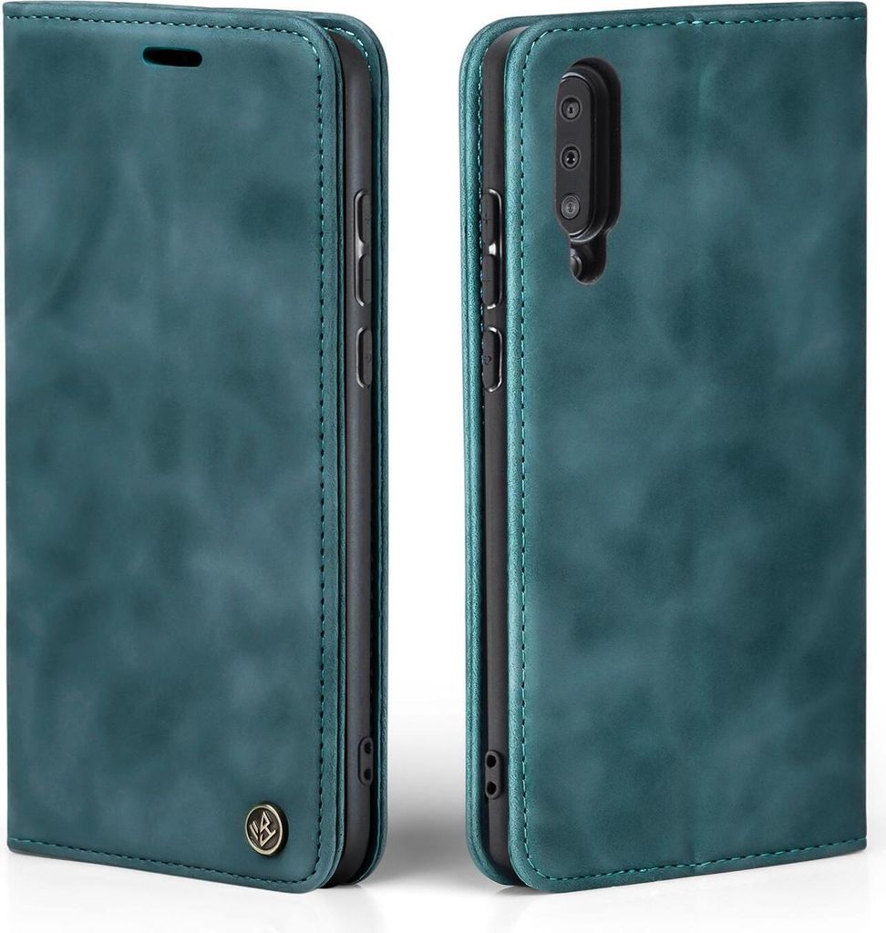 A teal flip-style phone case is shown from two angles, open and closed, against a white background.