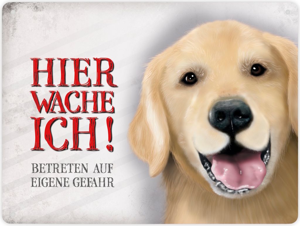 Metallschild XL mit Golden Retriever Motiv und Spruch: Betreten auf eigene