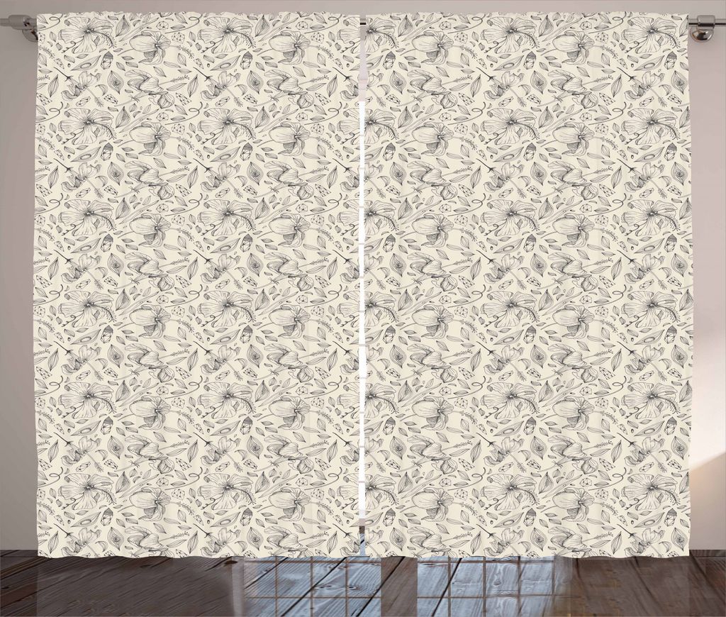 ABAKUHAUS Blume Rustikaler Gardine, Rocks Blumen Blatt-Skizze, Schlafzimmer Kräuselband Vorhang mit Schlaufen und Haken, 280 x 245 cm, Creme und B...