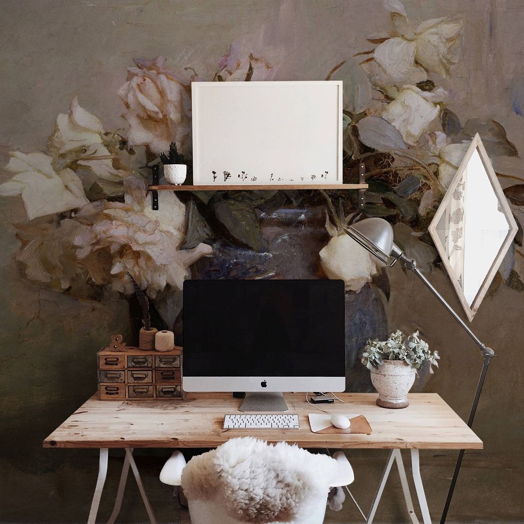 Coloray Fototapete 416x254 cm An Einer Wand Latex Latextapete - Utensilienrosen in der Vase