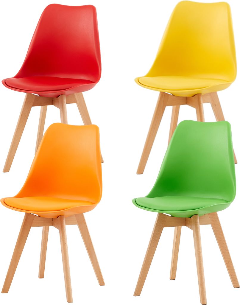 Four colorful dining chairs arranged in a grid against a white background.