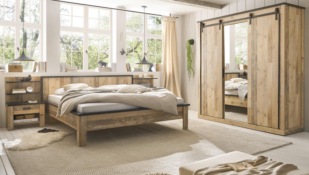 Schlafzimmer Set 6-teilig "Stove" in Used Wood hell und anthrazit mit Doppelbett 180 x 200 cm und Kleiderschrank