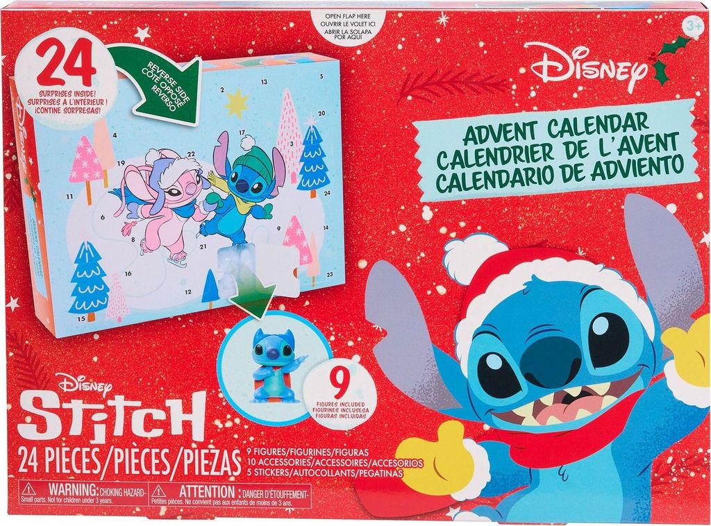 A red box with a Disney Stitch themed advent calendar. The calendar is light blue with images of Stitch and Angel in winter attire. A small figure of Stitch is shown in a circular cutout.