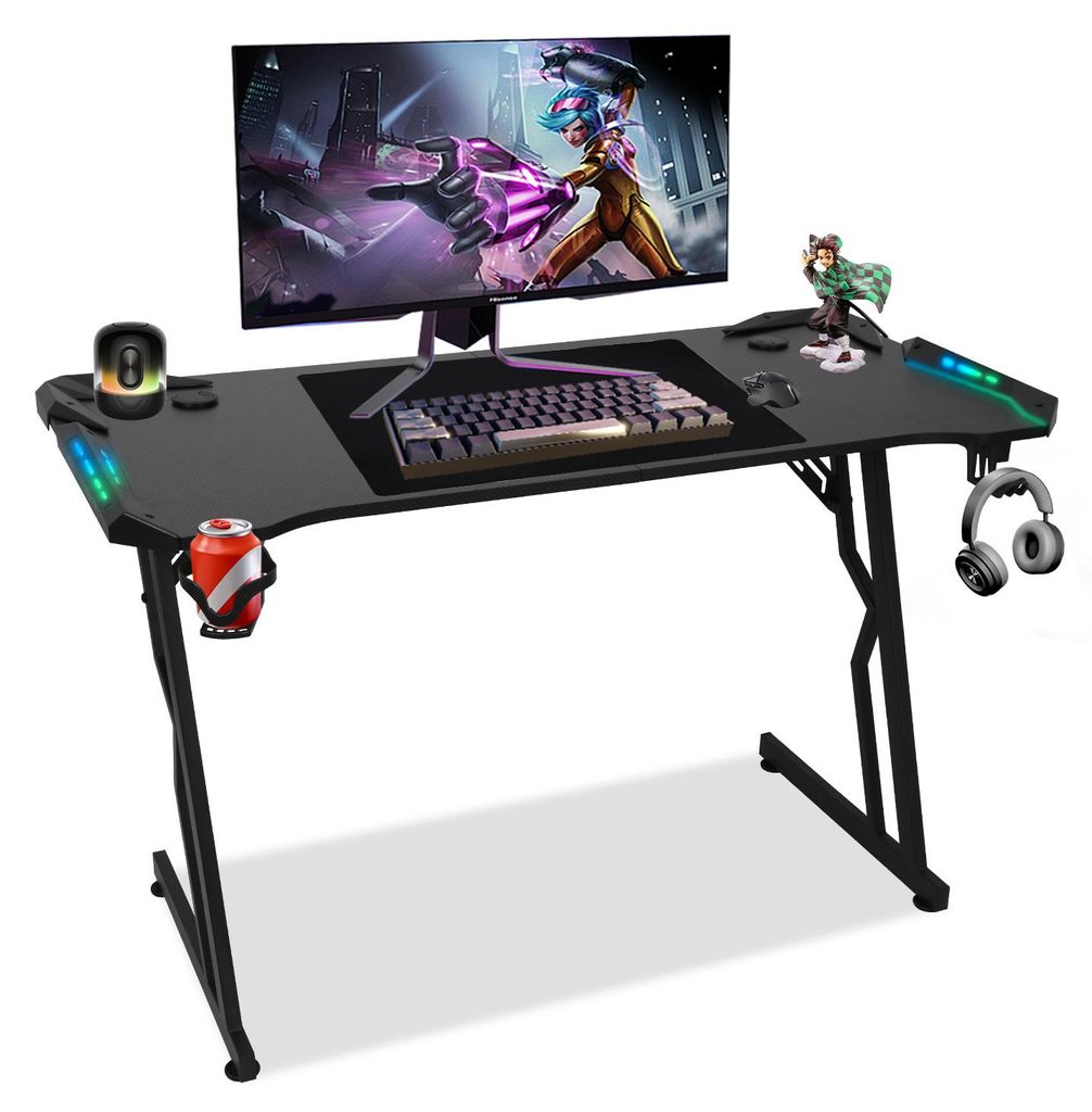 Izrielar Gaming Schreibtisch Höhenverstellbar 140x60 cm, LED Beleuchtung, Kabelmanagement, Schwarz