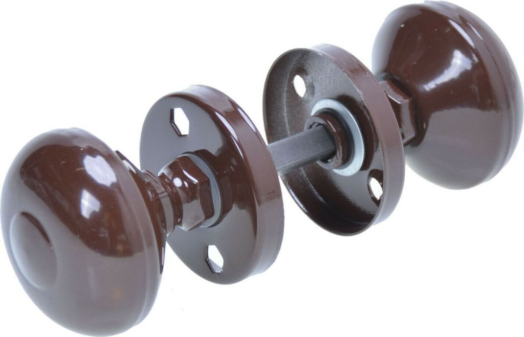 A set of disassembled brown doorknobs and their mounting hardware, displayed against a white background.
