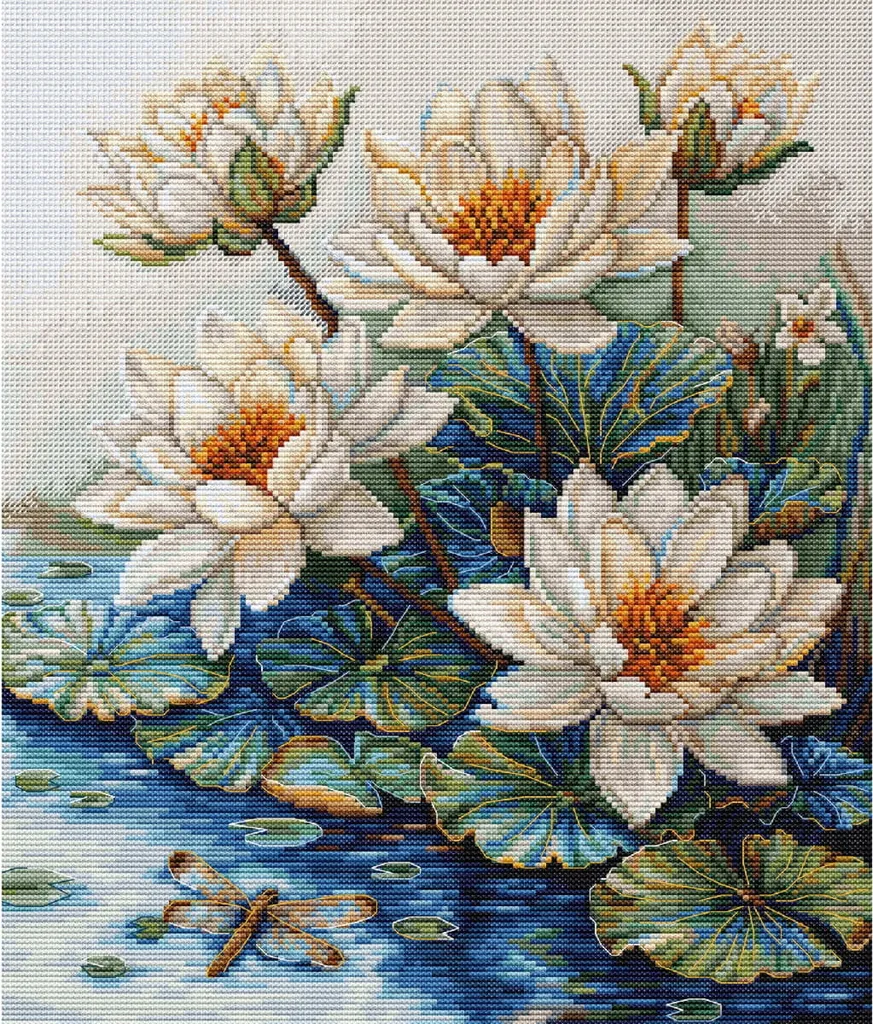 Kit broderie point de croix complet nénuphars Luca-S sans erreur 30cm
