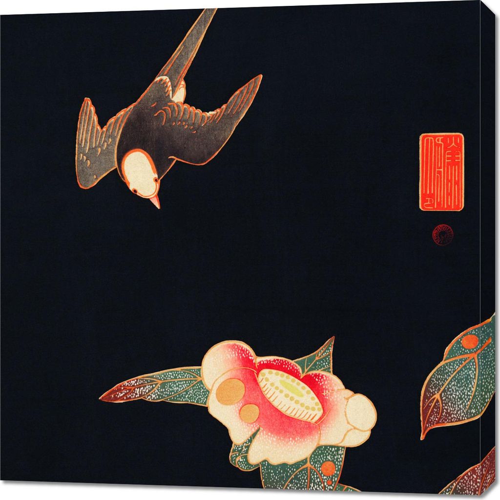 Bild 90x90cm Schwalbe und Kamelie, Jakuchu Japanisch Vintage