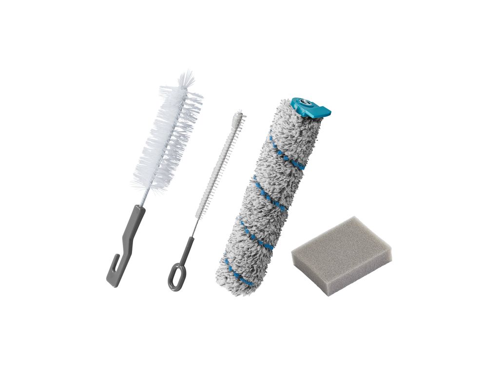 A set of cleaning accessories including brushes, a roller, and a sponge, arranged against a white background.