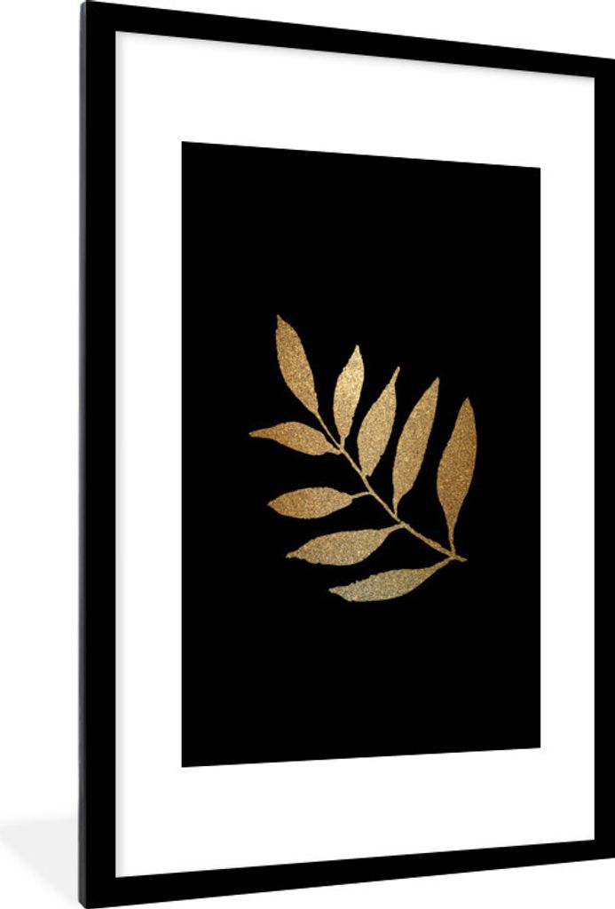 MuchoWow MuchoWow Gerahmtes Poster Schwarz und Gold - Zweig - Blätter 60x90 cm - Poster mit zchwarzem Bilderrahmen - Dekoration - Wandposter W...