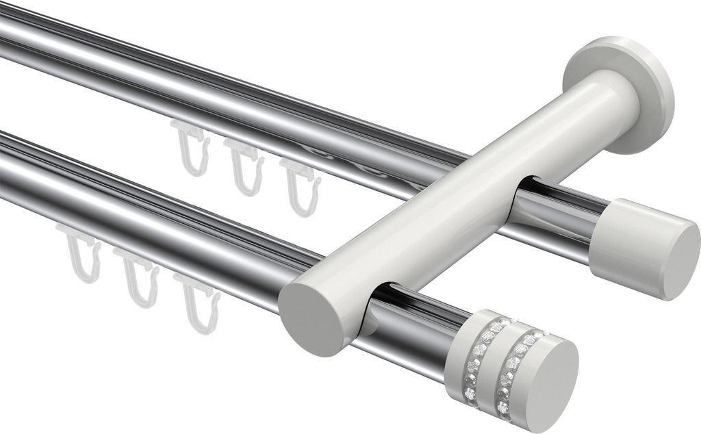 Interdeco Innenlaufstange / Gardinenstange mit Innenlauf Chrom / Weiß, Typ Platon Estana (Glitzerkappe), 20 mm Ø 2-läufig, 320 cm