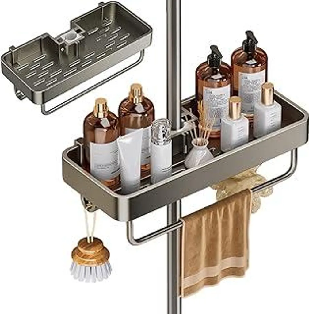 BEJAGWUS Scaffale per doccia senza forature, organizer da bagno in acciaio inossidabile Scaffale per doccia per aste da 19 mm - 23 mm, scaffale da bagno Supporto per shampoo per doccia Cestello per doccia Portasapone Accessori da bagno (grigio) - 1