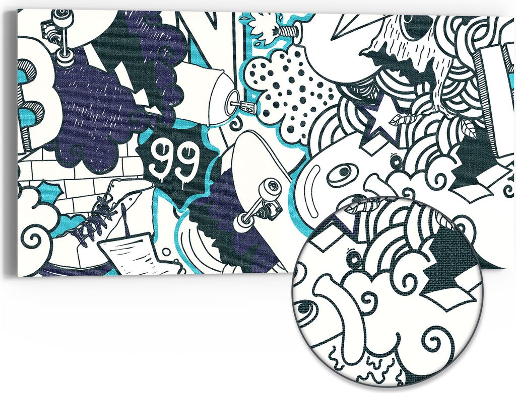 DEQORI Hybrid Leinwand Bild 60x30 cm 'Urbaner Doodle-Mix' Wandbild Glas flach modern