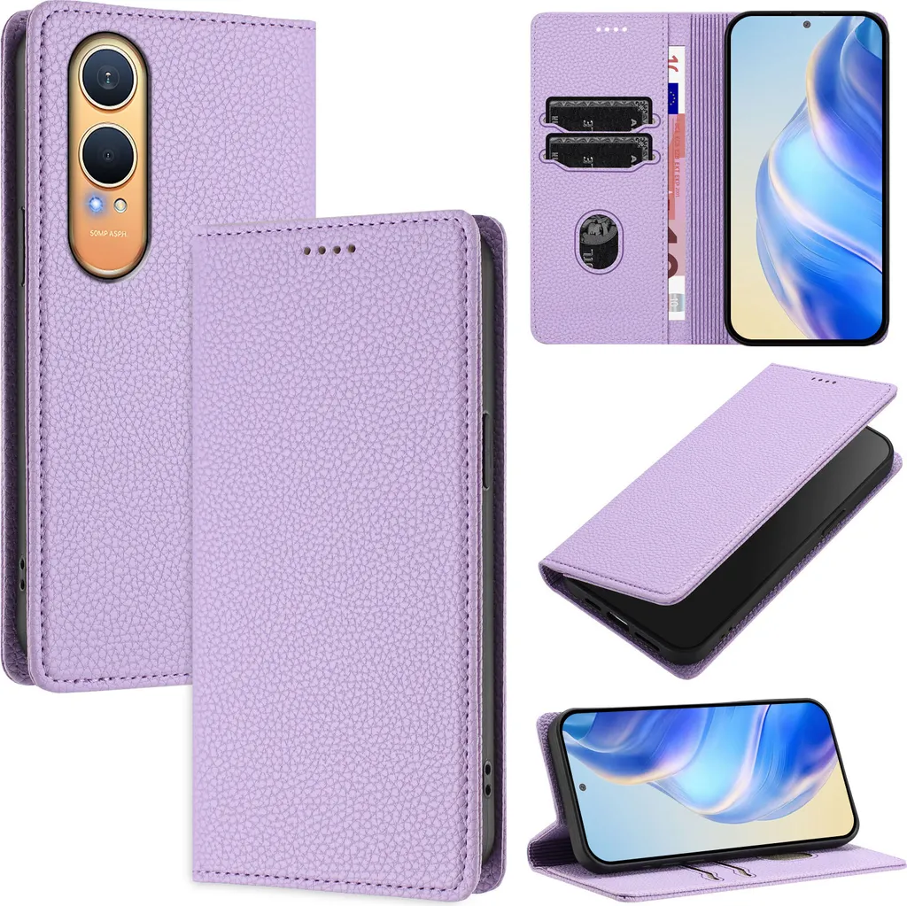 Custodia in pelle per OnePlus Nord CE4 Lite, pelle Litschi, custodia a portafoglio con slot per carte e supporto Viola