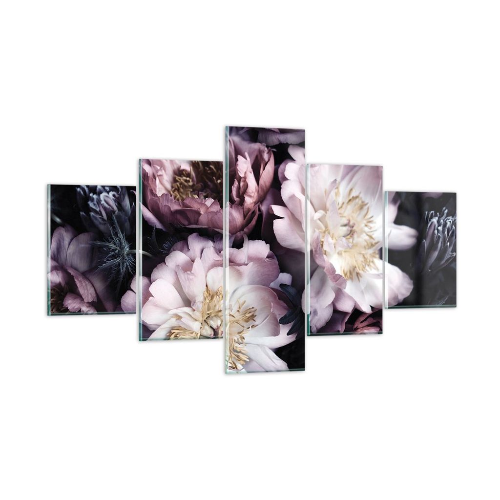 Bilder auf glas - 5 Teile - Pfingstrosen Veilchen Blumen - 125x70cm - Glasbilder - Wandbilder - Bilder - Wanddekoration aus Glas - Glas Bilder - Wa...