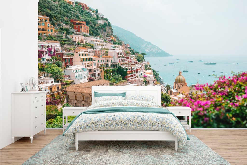 MuchoWow Fototapete für Wohnzimmer oder Schlafzimmer Wandtapete Vinyl Motivtapete Berg - Wasser - Stadt - 435x260 cm - Kinderzimmer