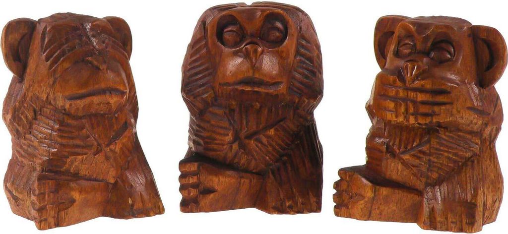 3 Weise Affen, nichts hören, sehen, sagen, Soar-Holz, ca. 8 cm, handgeschnitzt
