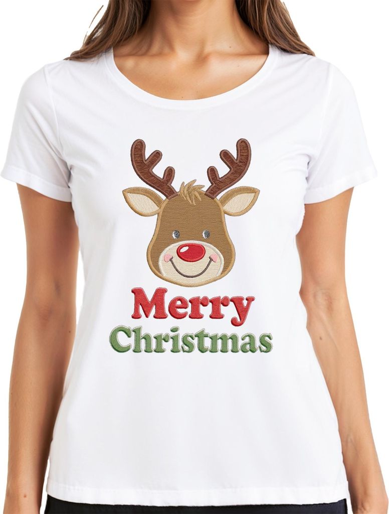 Merry Christmas Rentier Weihnachten Stickerei Bestickt Kinder Damen T-Shirt, Weiß, XXL