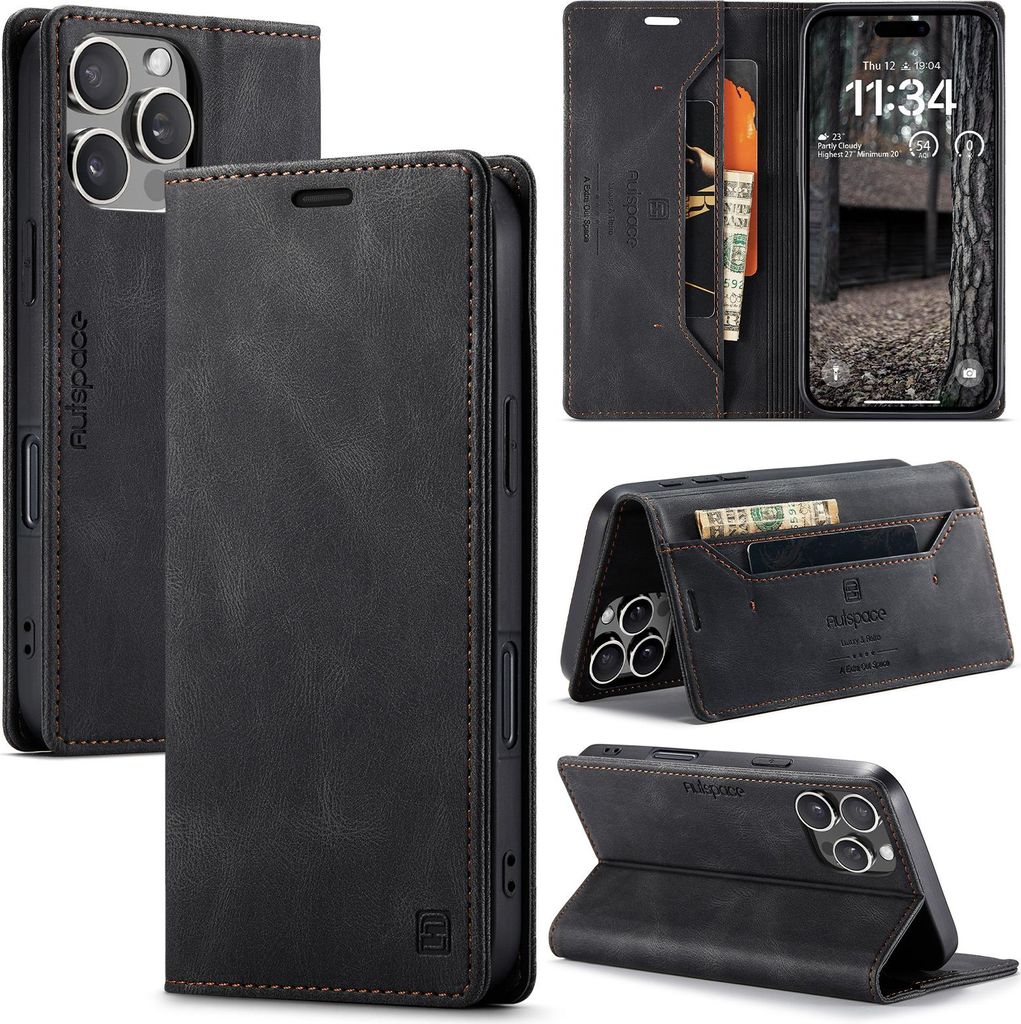 Hülle für iPhone 16 Pro Max, Retro Kunstleder Tasche Kartenfächern und Ständer Schutzhülle Schwarz