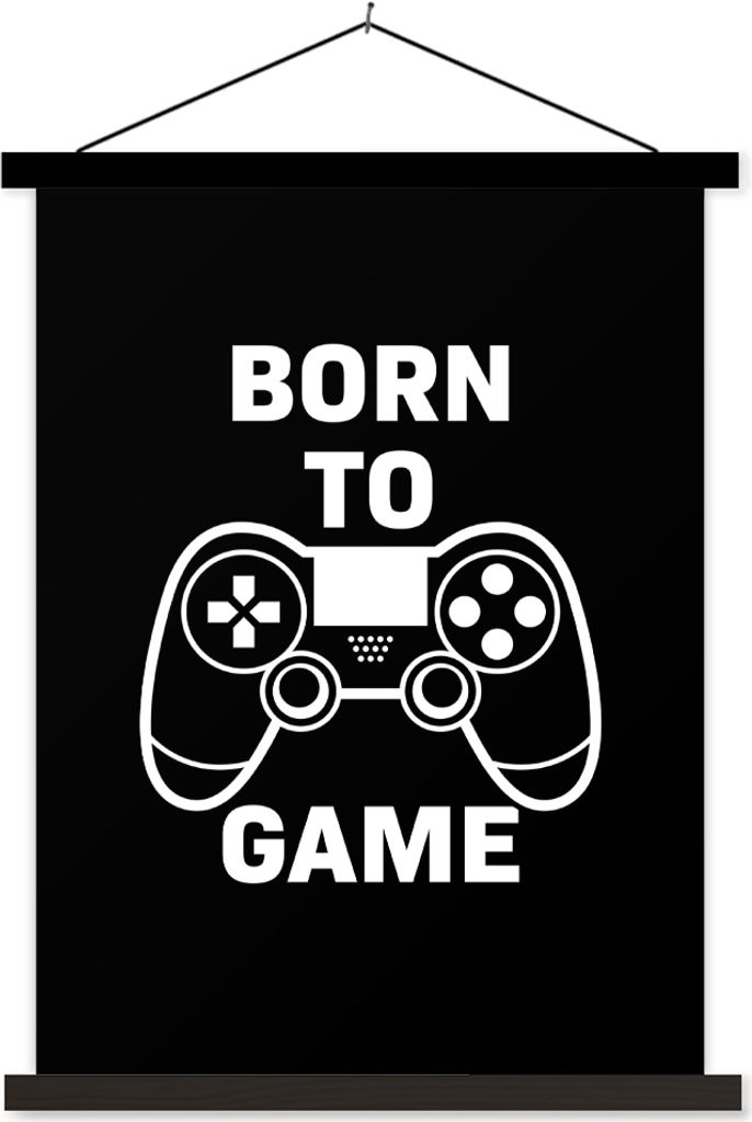 MuchoWow Textilposter Gaming - Zitate - Controller - Zum Spielen geboren - Schwarz - Weiß 60x80 cm mit schwarzem Rahmen - Plakathalter