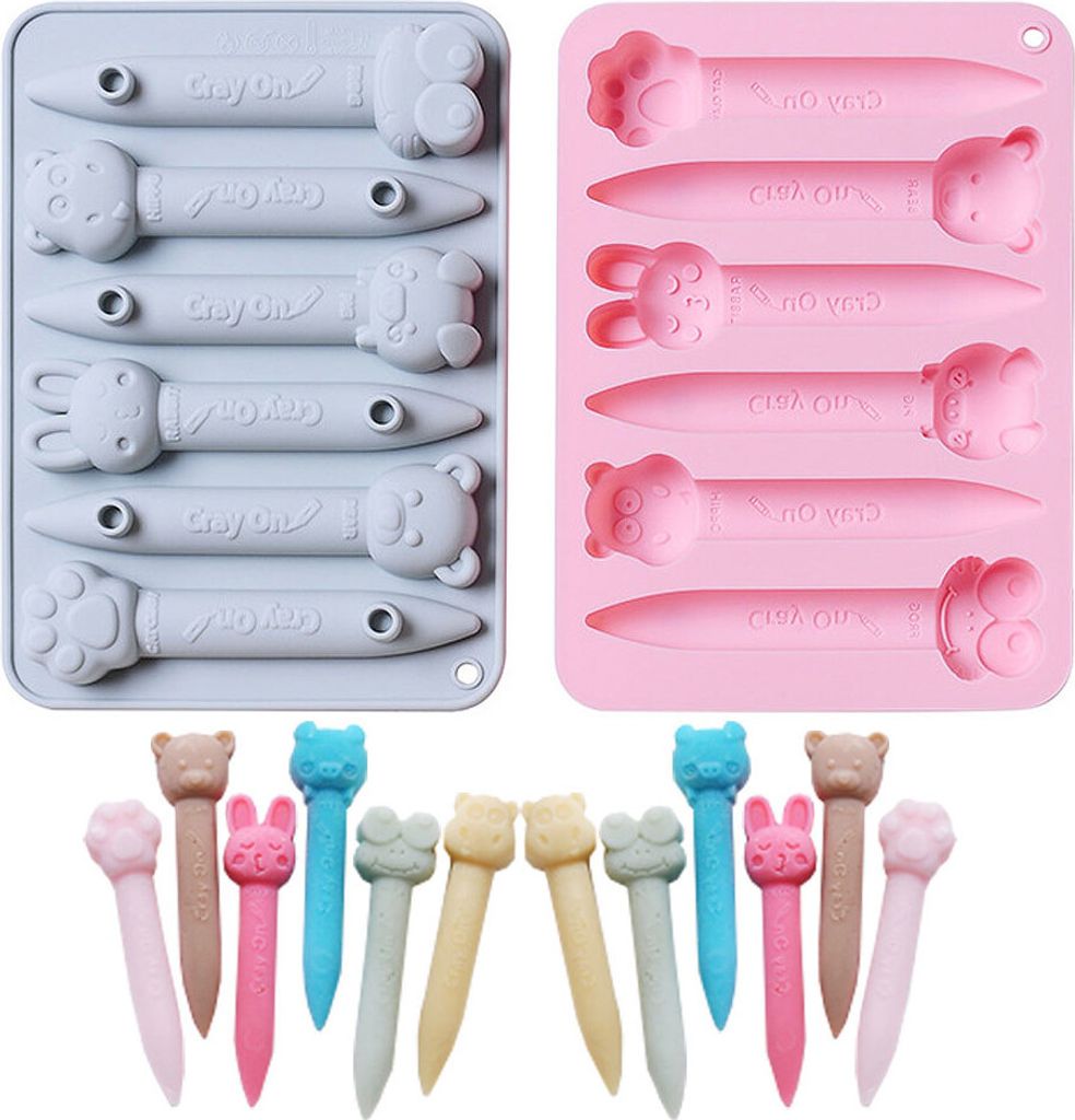 CANDeal 2er-Pack Wachsmalstift-Recycling-Formen, Tier-3D-Stift-Silikonformen, Ofenfest, Kaninchen-Bär-Frosch-Eisform, Snack-Formen