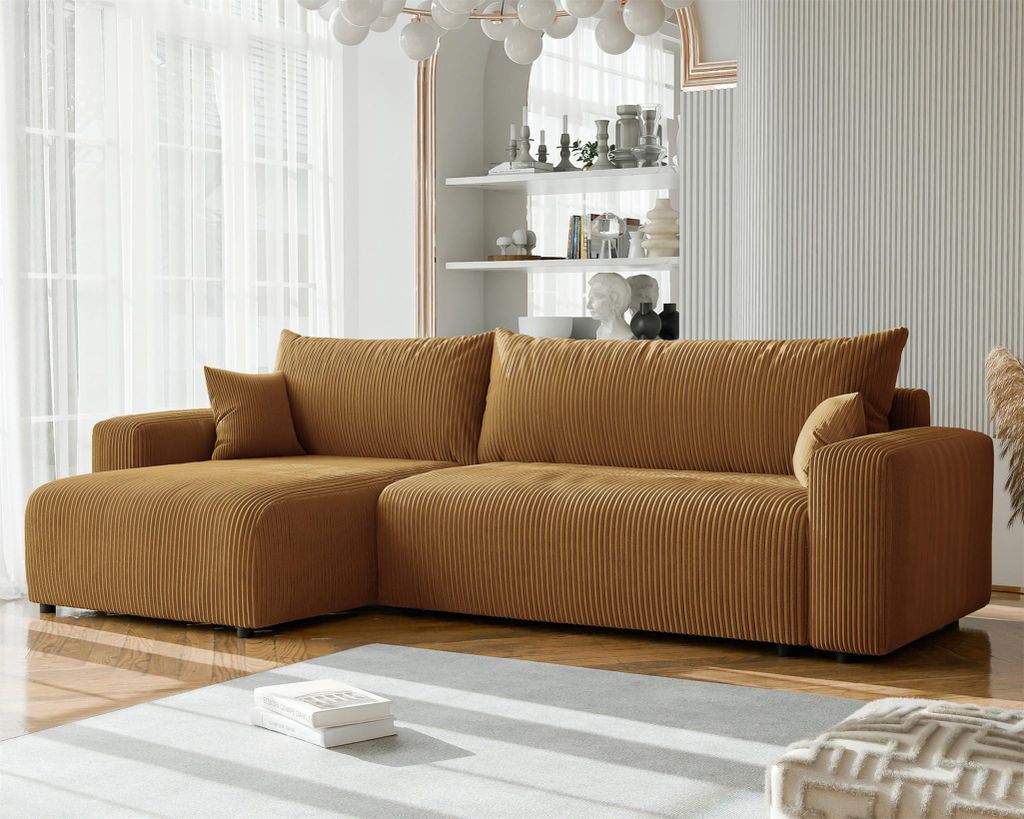 Ecksofa mit Schlaffunktion LUNA MAX in Stoff Poso Honiggelb Ottomane Links
