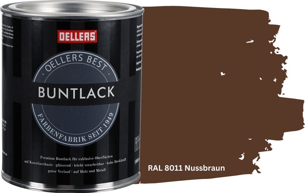 OELLERS Premium Buntlack 1L RAL 8011 Nussbraun Metalllack Holzlack Schutzlack Kunstharz glänzend