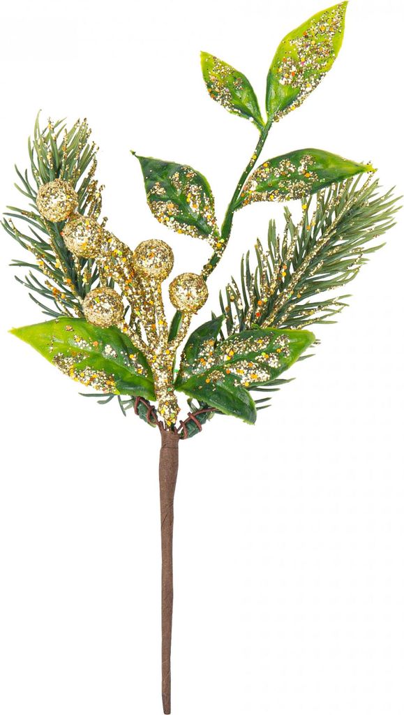 Beerenzweig mit Goldglitzer Weihnachts-Tischdeko grün-goldfarben 21 cm -