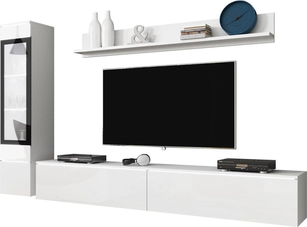 MIRJAN24 Wohnwand Vera I, Stilvoll Wohnzimmer-Set, TV-Schrank, Modern Mediawand (Weiß / Weiß Hochglanz, mit Beleuchtung)