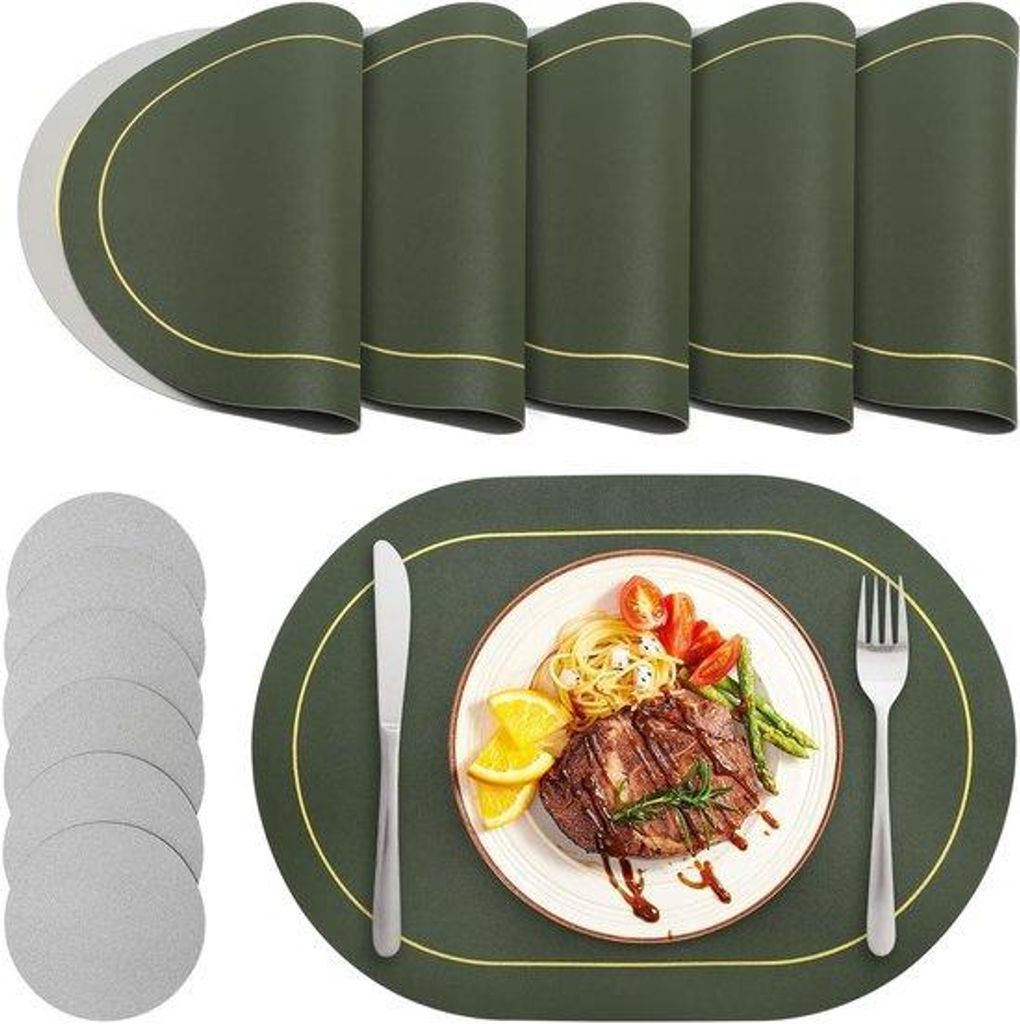 Premium Placemats- und Unterlegsatz-Set aus 6 Teilen - Hitzebeständig und antislip - Grüngrau - Wasserdicht - Für Haushalt und Restaurant