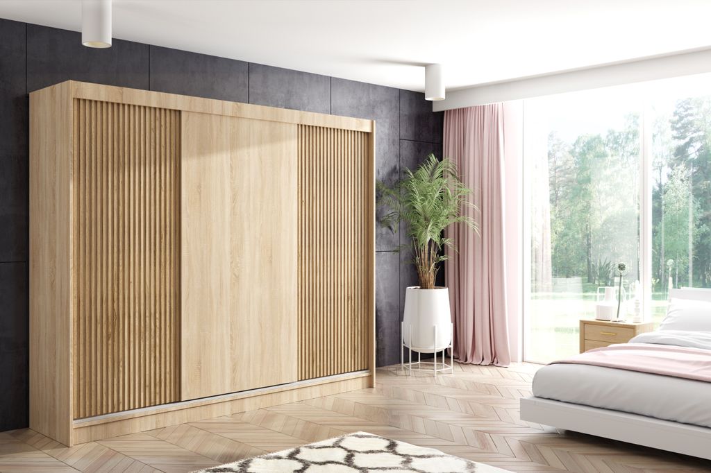 ALTDECOR Kleiderschrank mit Lamel-Schiebetüren, kugelgelagerte Führungsschienen und Aluminium-Leisten - VILO - 250 cm - Sonoma Eiche/Sonoma Eiche...