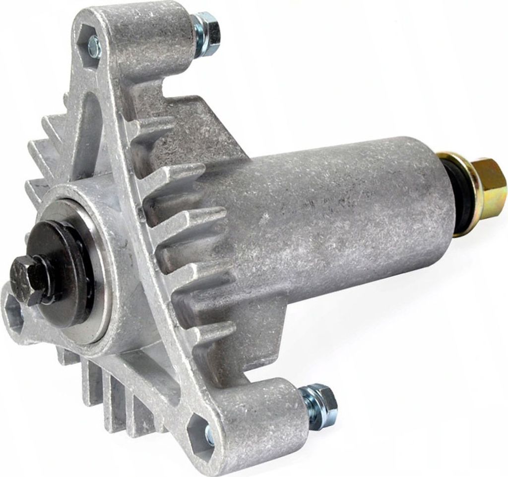 A close-up studio shot of a lawnmower spindle assembly.