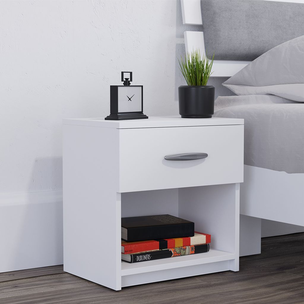 CORIUM® Nachttisch mit Schublade Weiß Kunstleder Nachtkommode Beistelltisch 