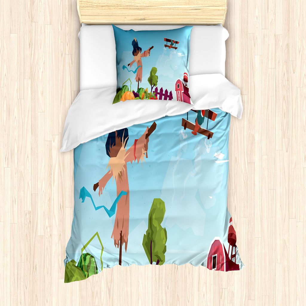 ABAKUHAUS Vogelscheuche Bettbezug Set für Einzelbetten, Landschaft-Karikatur, Milbensicher Allergiker geeignet mit Kissenbezug, 135 cm x 200 cm - ...