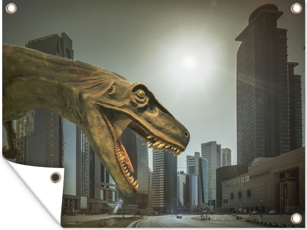 MuchoWow 80x60 cm Outdoor-Poster Gartendeko Sichtschutz Garten Poster für den Garten Dinosaurier - Stadt - Kopf