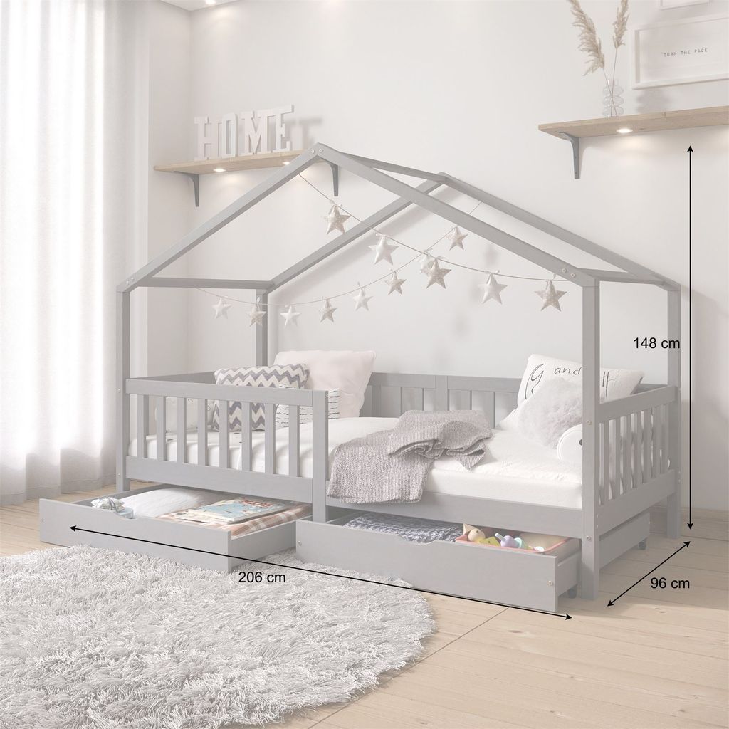 Hausbett ELEA aus massiver Kiefer, Kinderbett mit Rausfallschutz 90x200cm, Spielbett mit Dach in grau