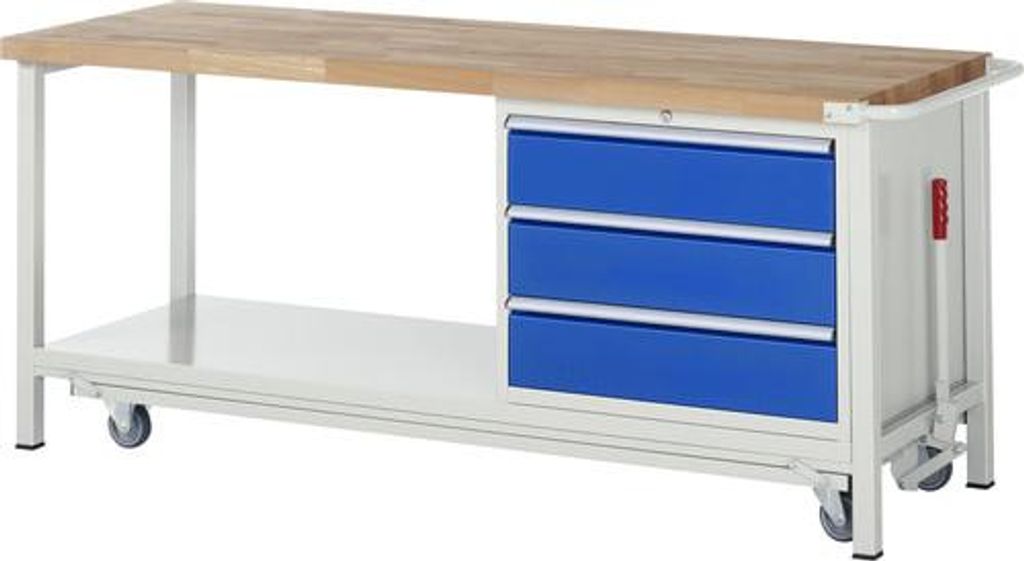 Mobile absenkbare Werkbank, Ablageboden, 3 XL Schubladen - Vollauszug - 180:3 - 880 x 2.000 x 700 mm (HxBxT) - Traglast 1.250 kg - Buche