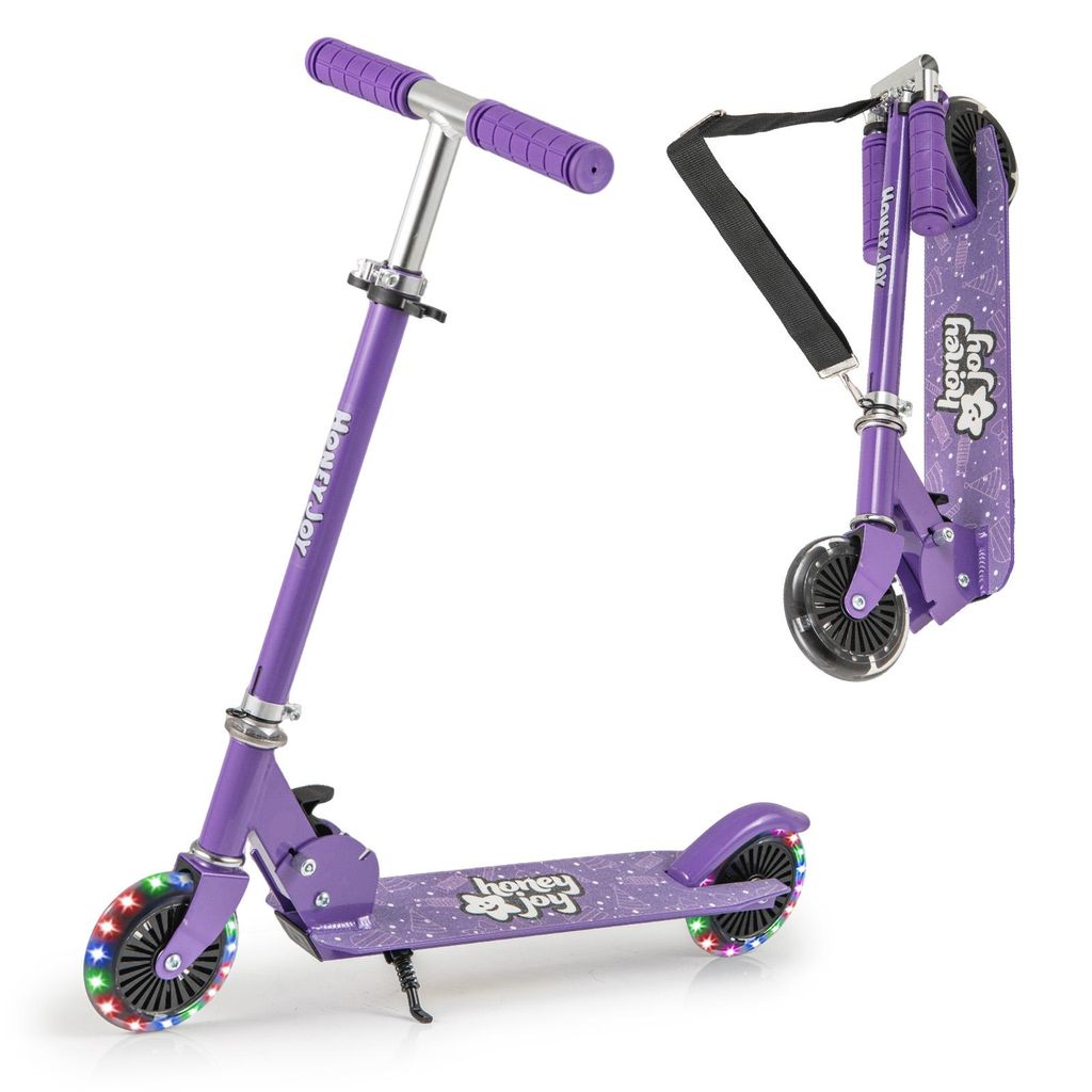 COSTWAY Faltbarer Kinderroller, Tragbarer Leichter 2-Rad-Kickroller mit Verstellbarem Lenker, Leuchtenden LED-Rädern, Ständer, Hinterradbremse Lila