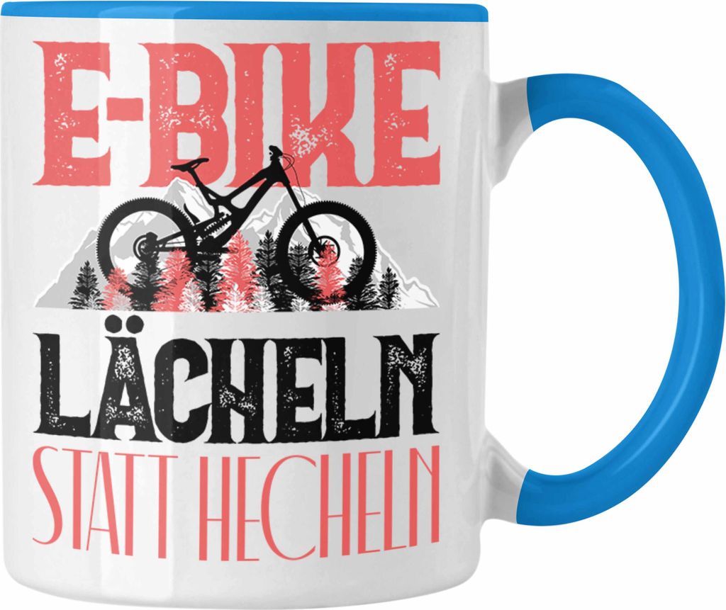 Trendation - E-Bike Fahrer Tasse Geschenk Lächeln Statt Hecheln Lustiger Spruch für EBike Fahrer (Blau)