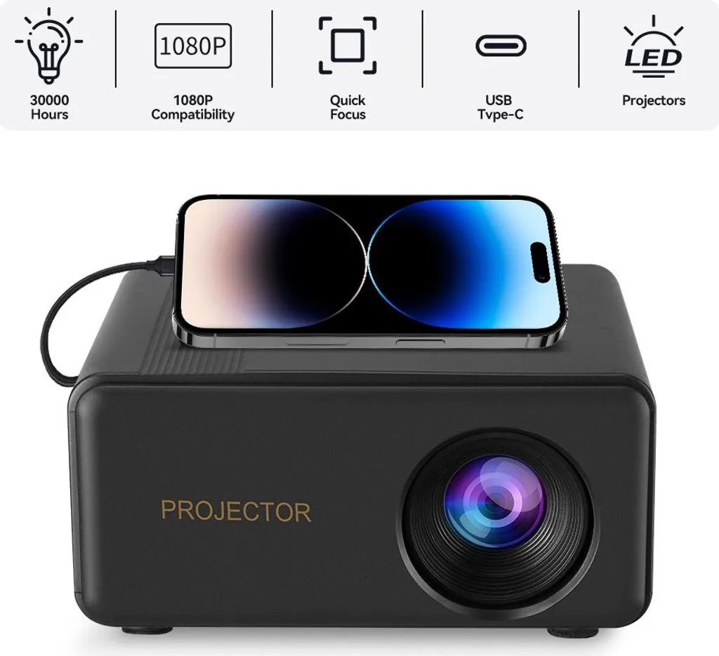 Projecteur Multimédia 1080P Connectivité HDMI USB et TF Design Compact