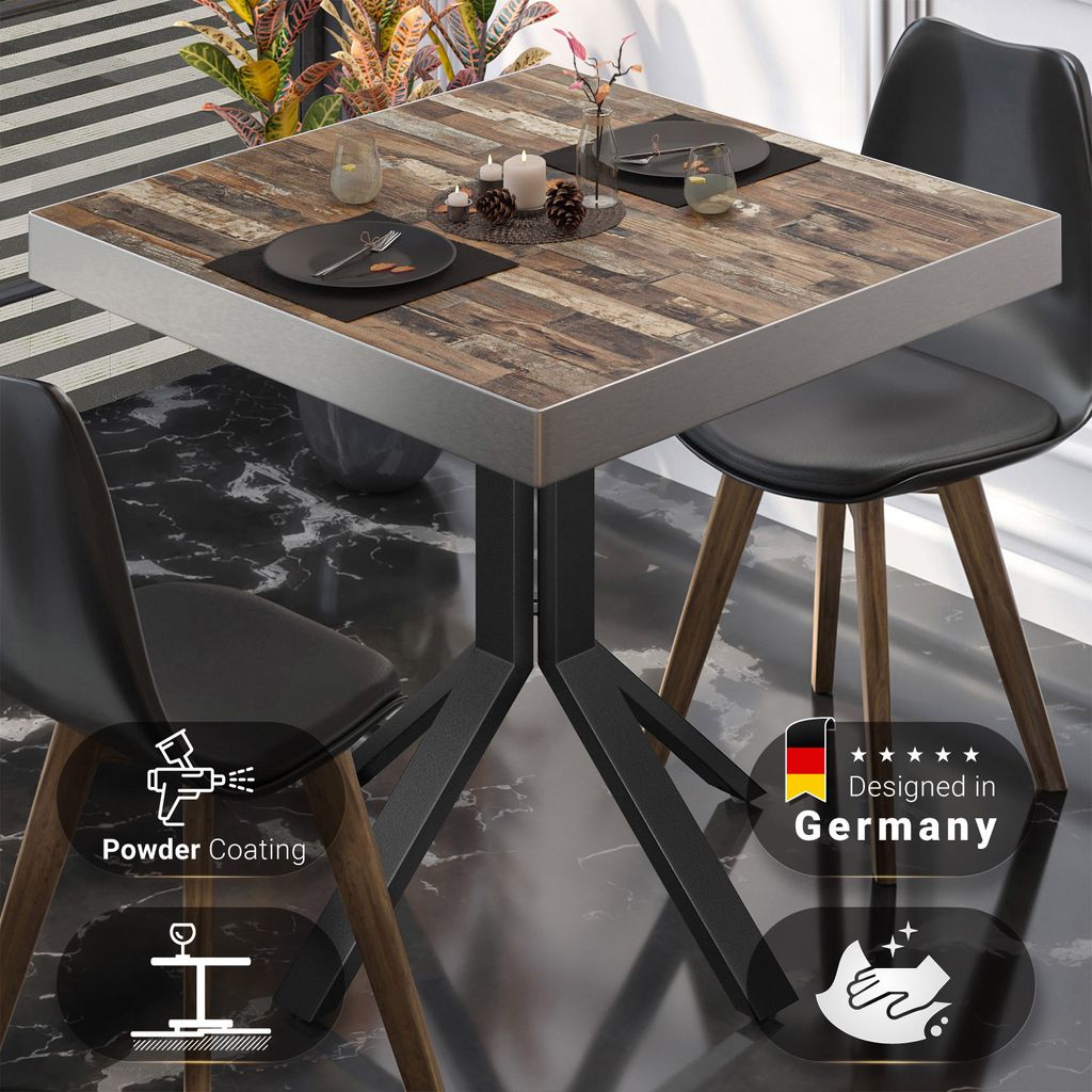 BE | Bistro Tisch | 70 x 70 x 77 cm | Quadratisch | Edelstahl Rand | Vintage Old / Schwarz | Bistrotisch Gastro Tisch
