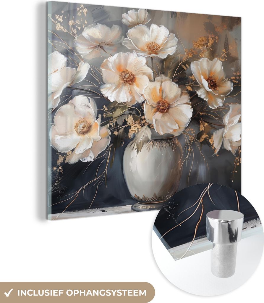 MuchoWow Glasbilder - Bilder auf Wandbild - Foto auf Glas Blumen - Weiß - Vase - Modern 40x40 cm Wanddekoration aus Glas - Acrylglasbild - Acrylbi...