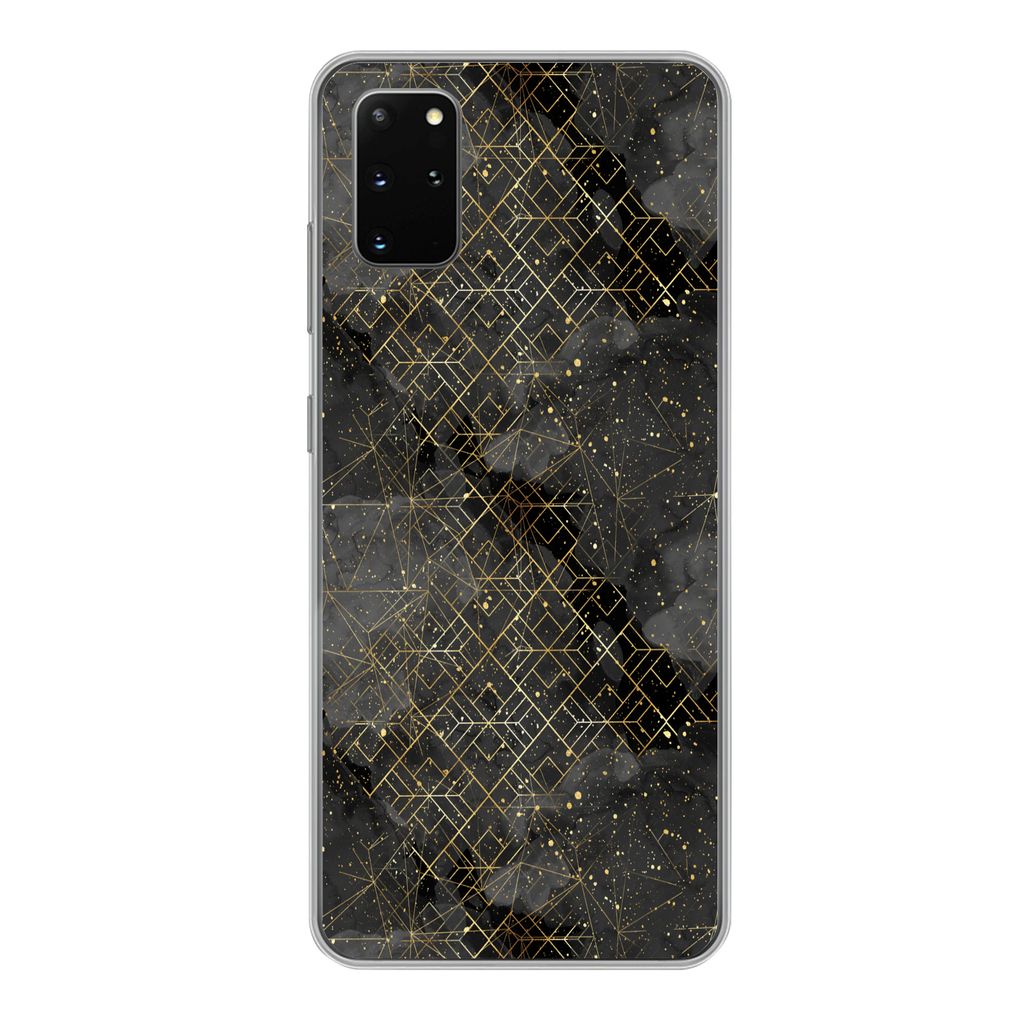 MuchoWow Handyhülle Schutzhülle Hülle für Samsung Galaxy S20 Plus Marmor - Schwarz - Gold - Geometrie Silikon Softcase Handy Hülle - Hartschale