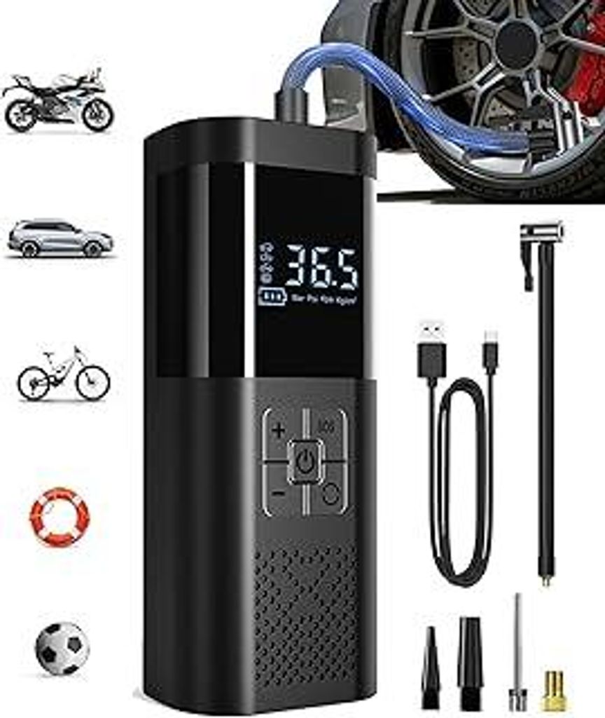 Elektrische Luftpumpe, Tragbare Akku Fahrradpumpe mit alle ventile, Akku Kompressor für Fahrrad und Auto, 150 PSI, Wiederaufladbare Reifenpumpe f...