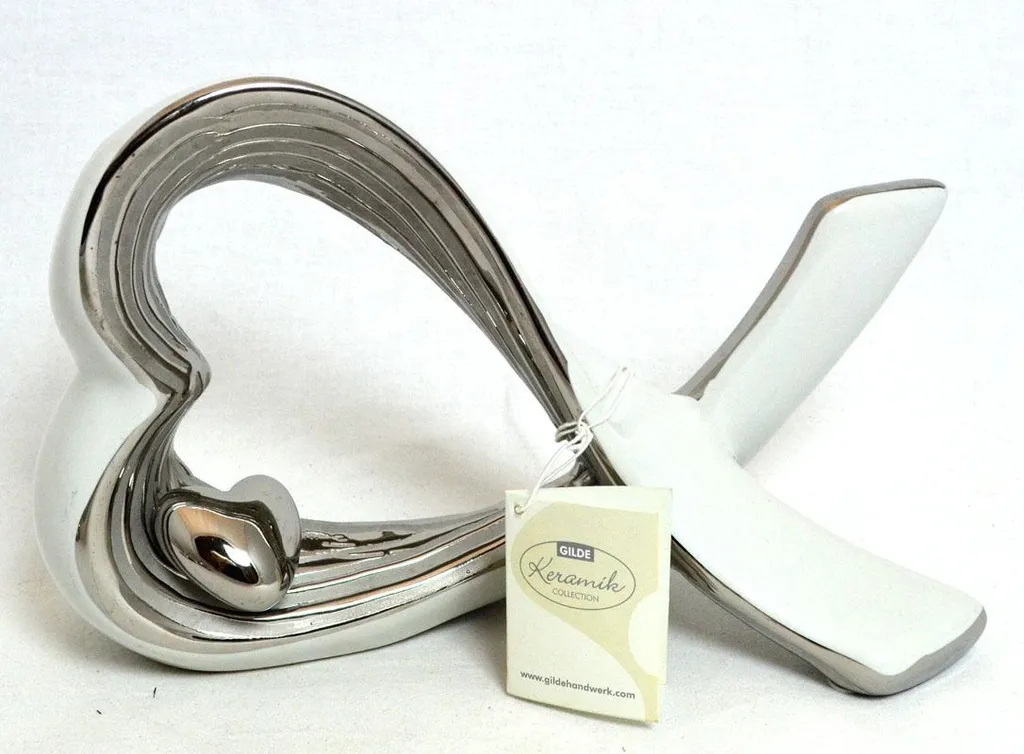 Statue décorative Cœur design en céramique blanc argent 25 cm, 2 pièces - 4