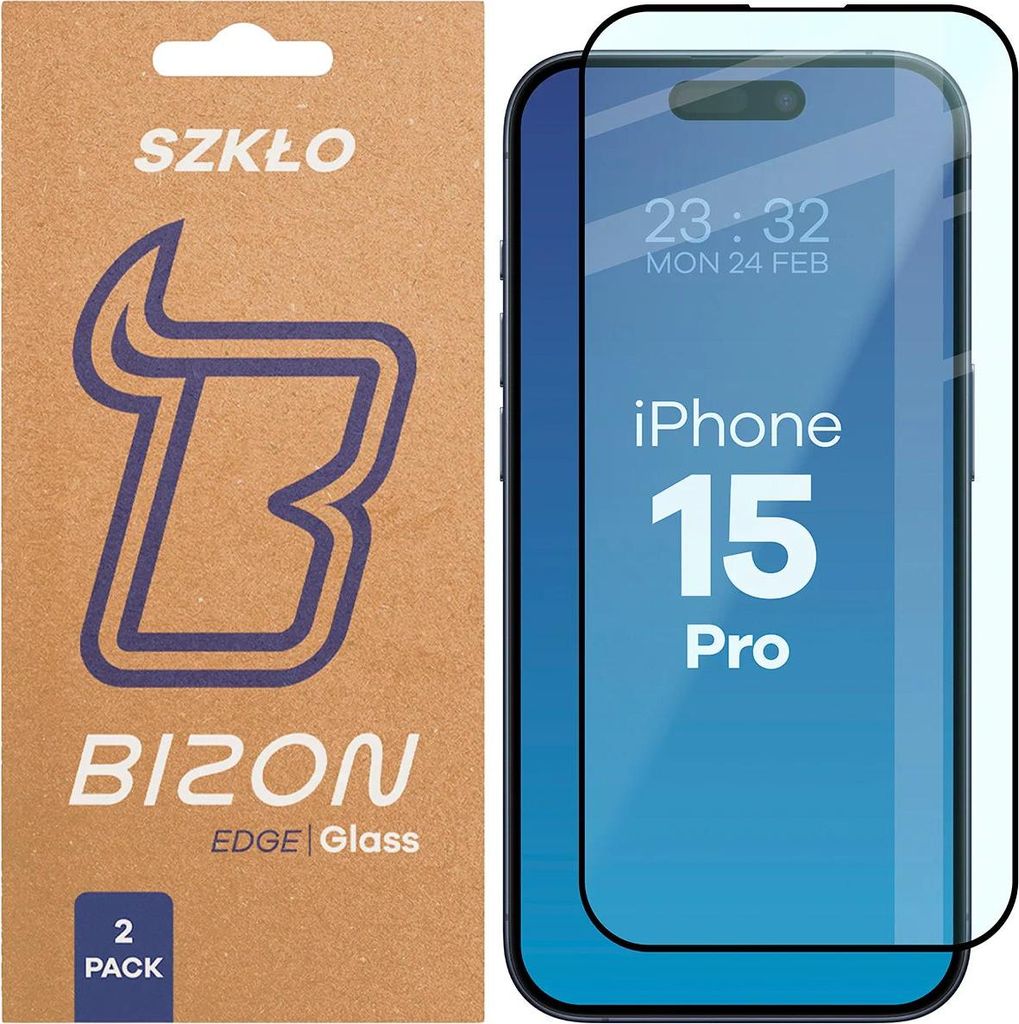 2x Gehärtetes Glas für iPhone 15 Pro, Bizon Glass Edge Duo, Schwarzer Rahmen