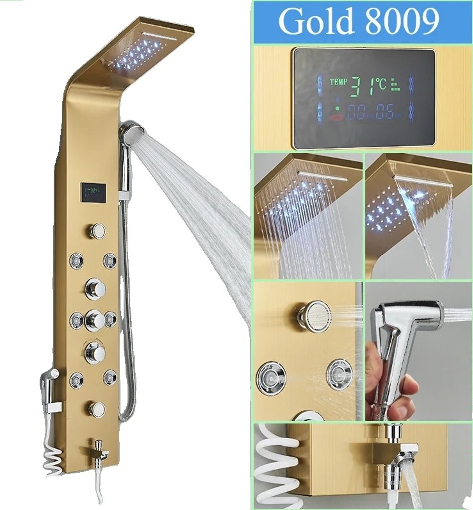 Multifunktionales Duschsystem, elegantes Design, sofortige Temperaturanzeige, Gold-L-8009