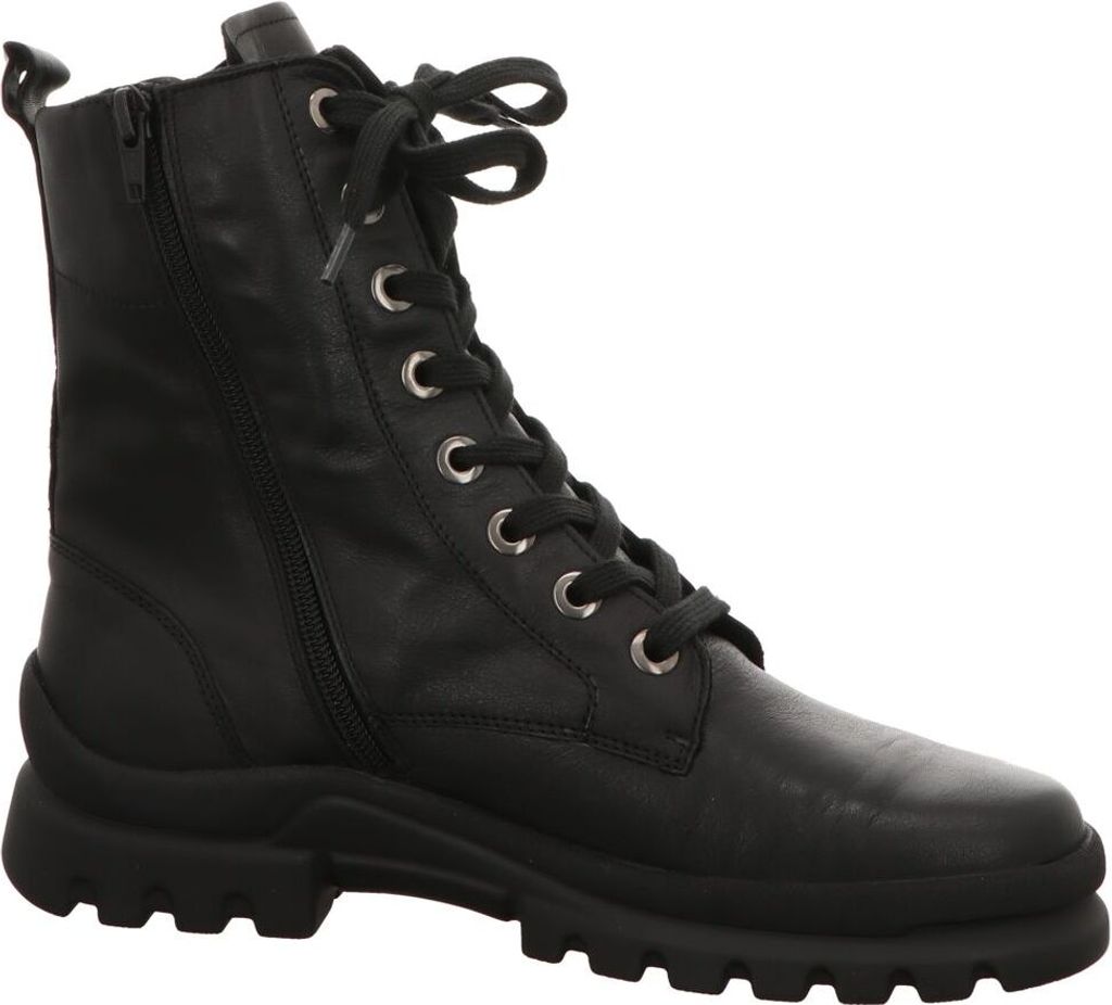 A black lace-up boot is shown against a white background.