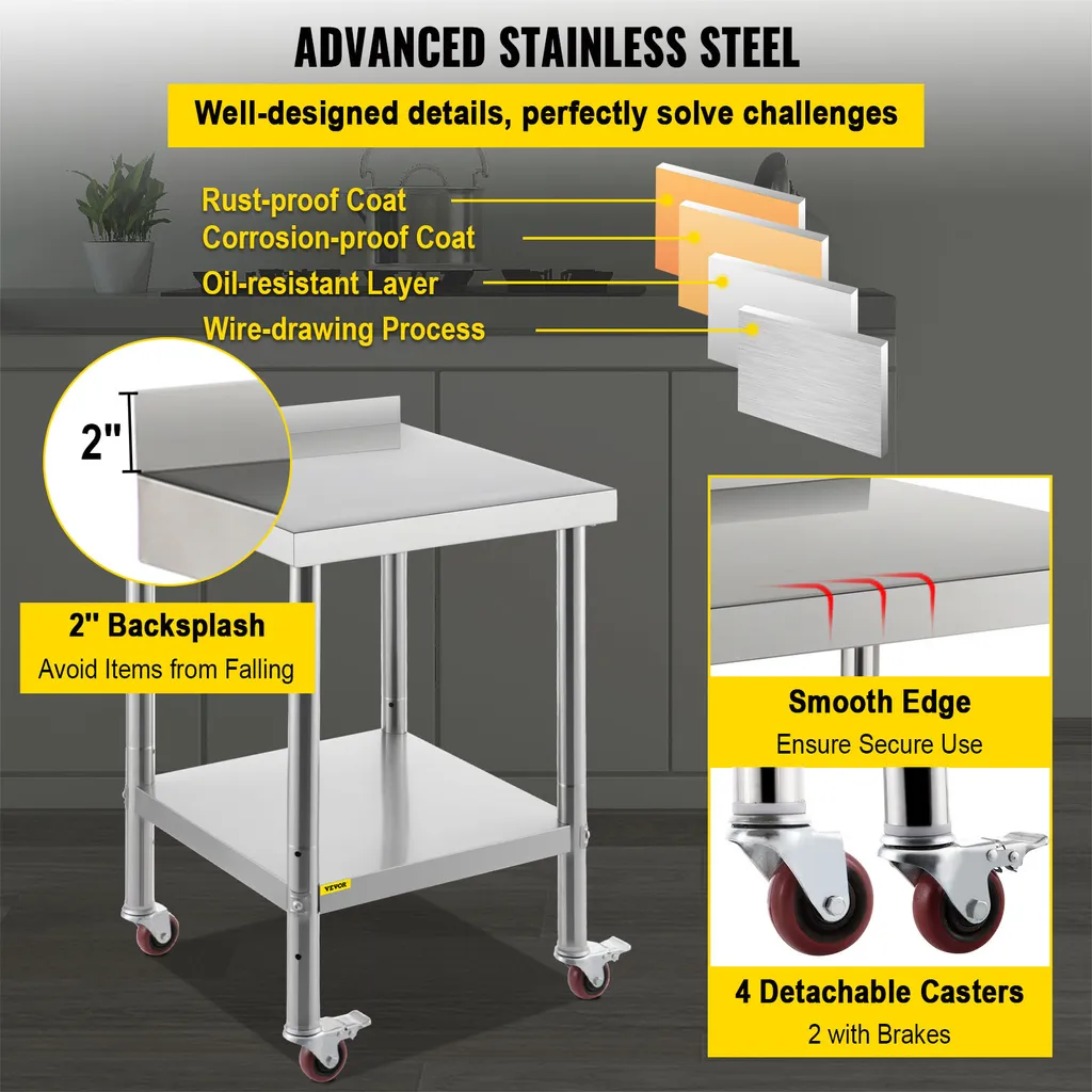 Table inox cuisine VEVOR robuste 440 lbs - Solution stockage mobile
