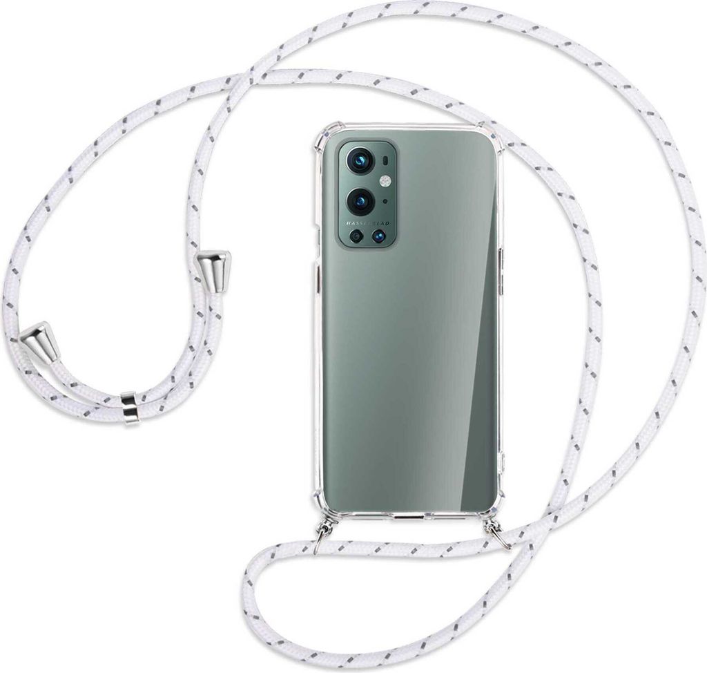 Handykette Backcover-Schutzhülle mit Band (Metall silberfarben) für OnePlus 9 Pro - weiß/grau